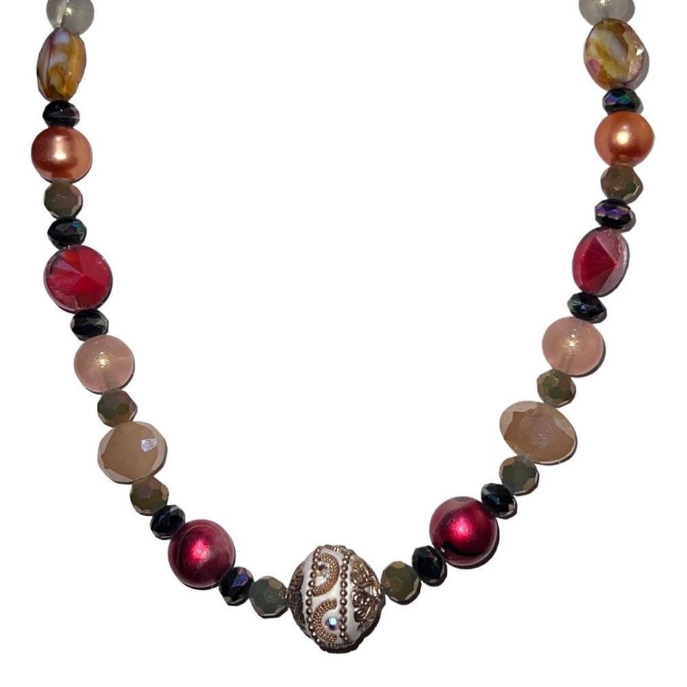 Vintage Intricate Beaded Colorful Faberge Egg Pattern Center Bead Necklace